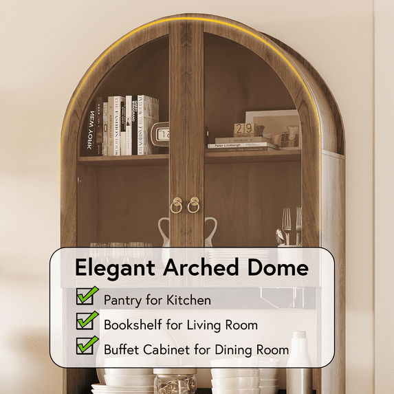 LAZZO 75" Arched Pantry Cabinet with Glass Door & Drawer, Storage Cupboard with Anti-Tipping Device, Natural Wood Color