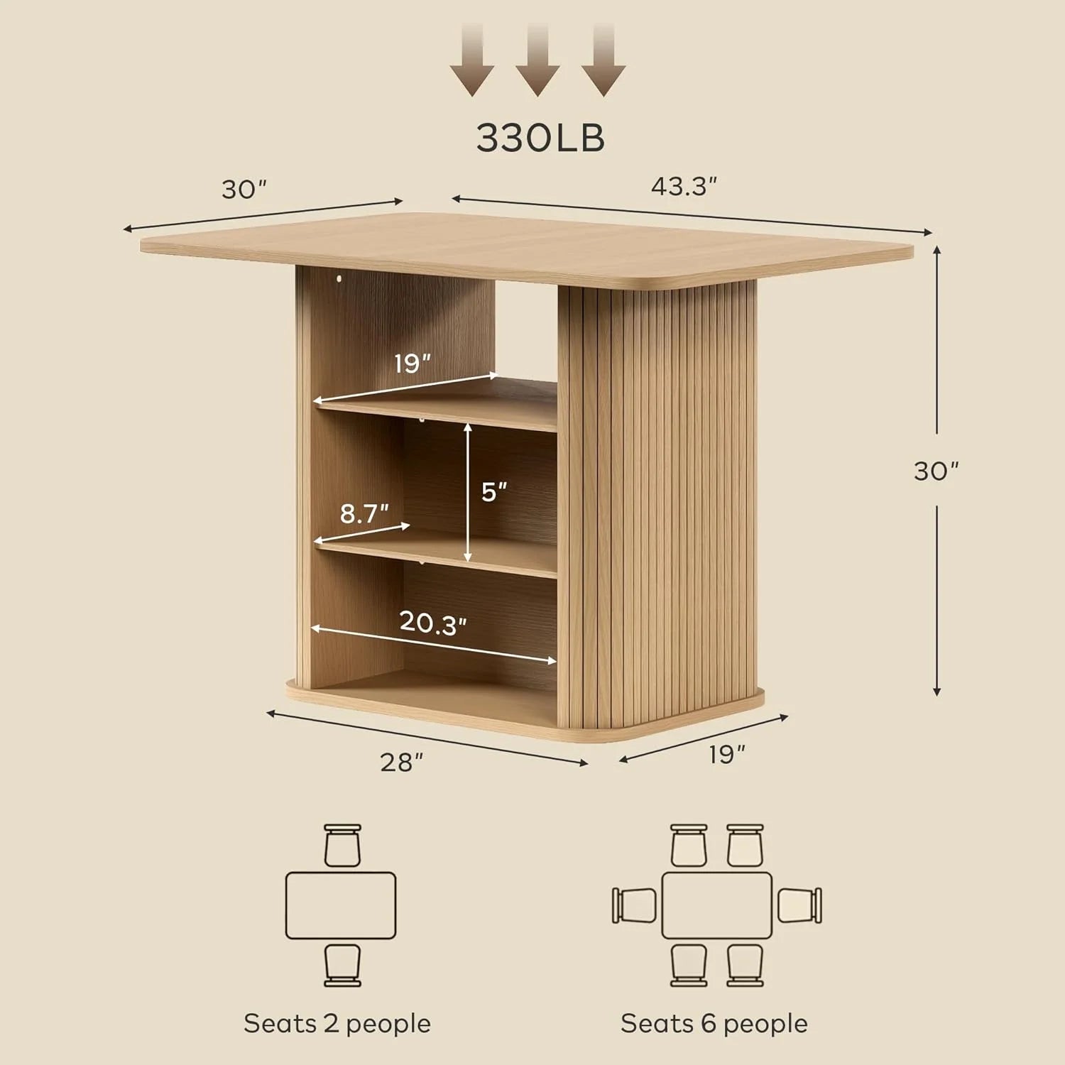LAZZO 43.3" Dining Table for 4 People, Small Rectangular Kitchen Table with 3-Tier Storage Shelf, Modern Farmhouse Fluted Wood Table for Dining Room, Oak