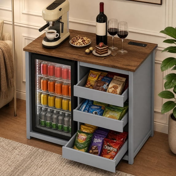 LAZZO 42" Bar Cabinet with Mini Fridge Space, Coffee Bar Cabinet with 3 Open Drawers for Kitchen and Dining Room, Blue