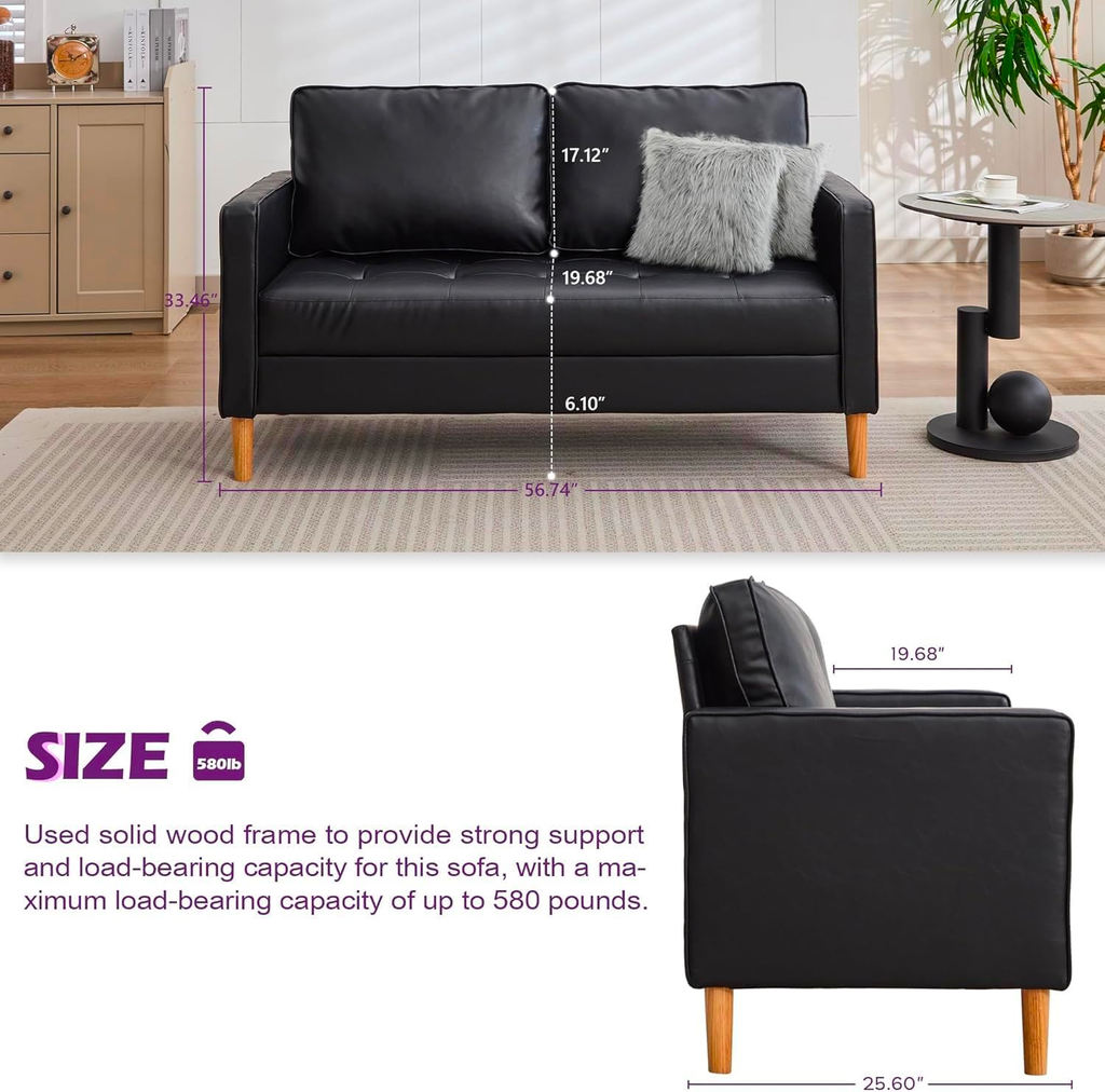 TYBOATLE 57" Small Black Faux Leather Sofa Couches, 3 Piece Living Room Set, Mid-Century Modern Tufted Comfy Loveseat, 2 Seater Office Couch Love Seat for Small Space Bedroom Drom Apartment