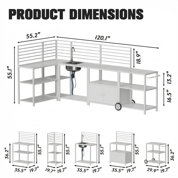 LAZZO Outdoor Modular Kitchen Island Grill Cart, Metal BBQ Prep Table with Storage Cabinet, Steel Sink, Faucet and Drainage System, White