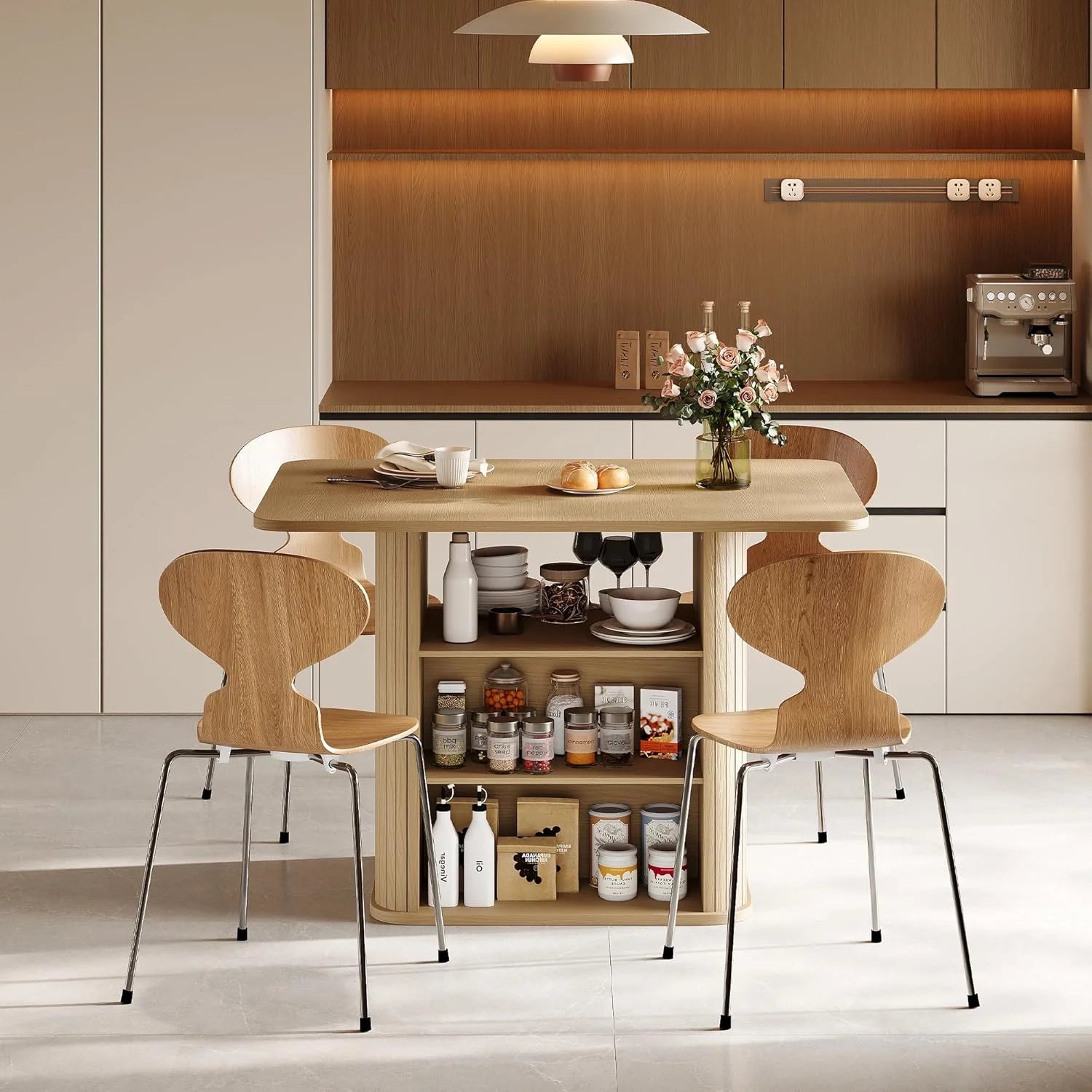 LAZZO 43.3" Dining Table for 4 People, Small Rectangular Kitchen Table with 3-Tier Storage Shelf, Modern Farmhouse Fluted Wood Table for Dining Room, Oak