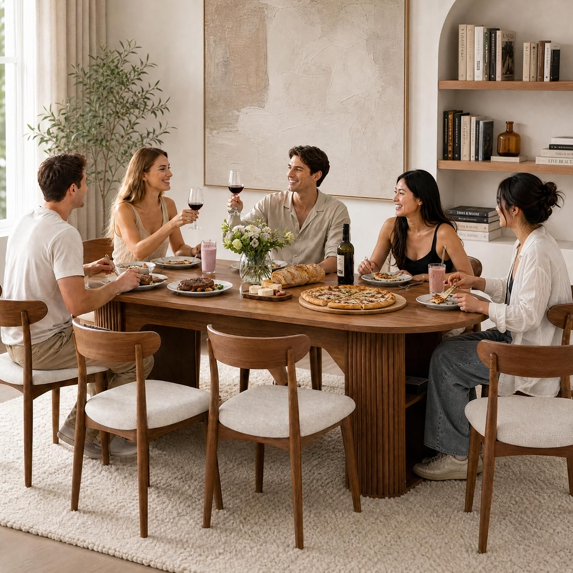 LAZZO Round Extendable Dining Table, 71"-87" Oval Wooden Kitchen Table for 4-8, Walnut