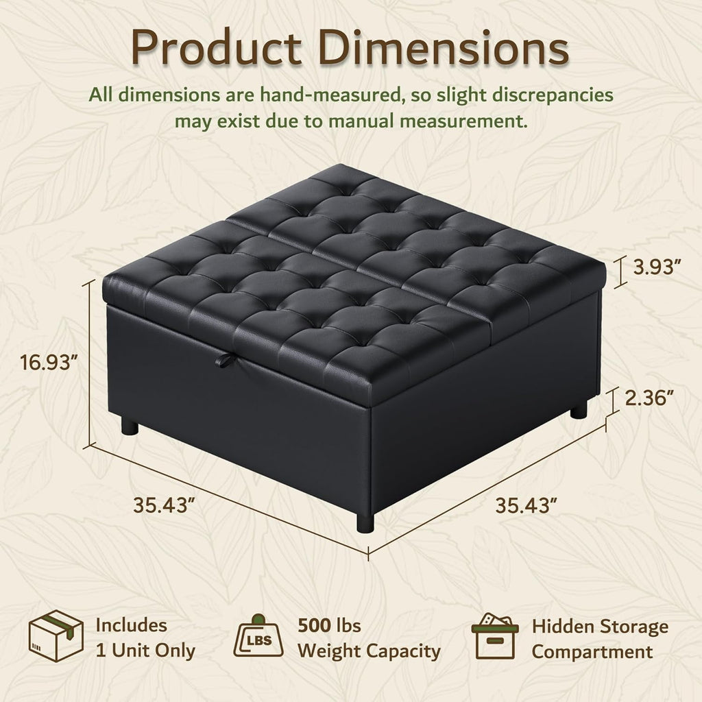 LAZZO Storage Ottoman, 35.5" Lift Top Tufted Leather Foot Stool with Hidden Storage for Living Room, Black