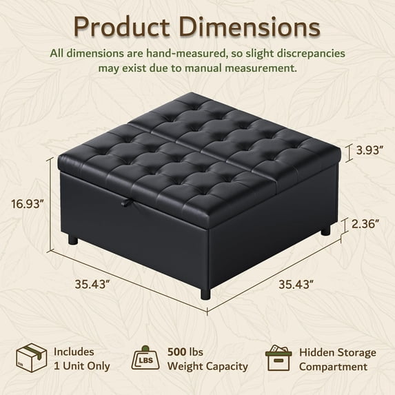 LAZZO Storage Ottoman, 35.5" Lift Top Tufted Leather Foot Stool with Hidden Storage for Living Room, Black