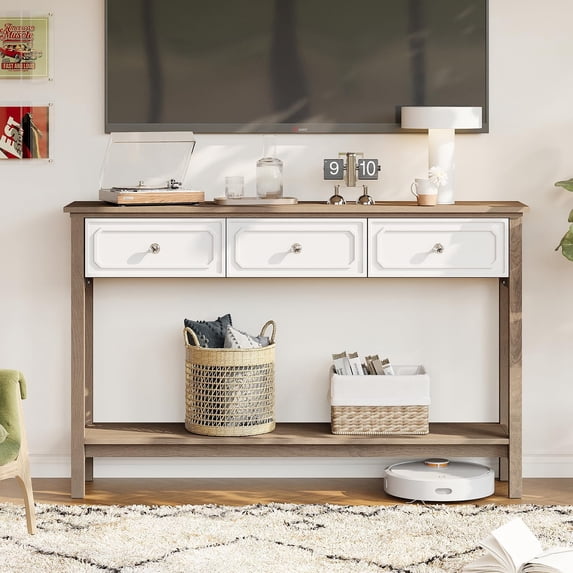 LAZZO 51“ Boho Rattan Console Table, Narrow Entryway Table with 3 Drawers & Open Shelf, Brown and white