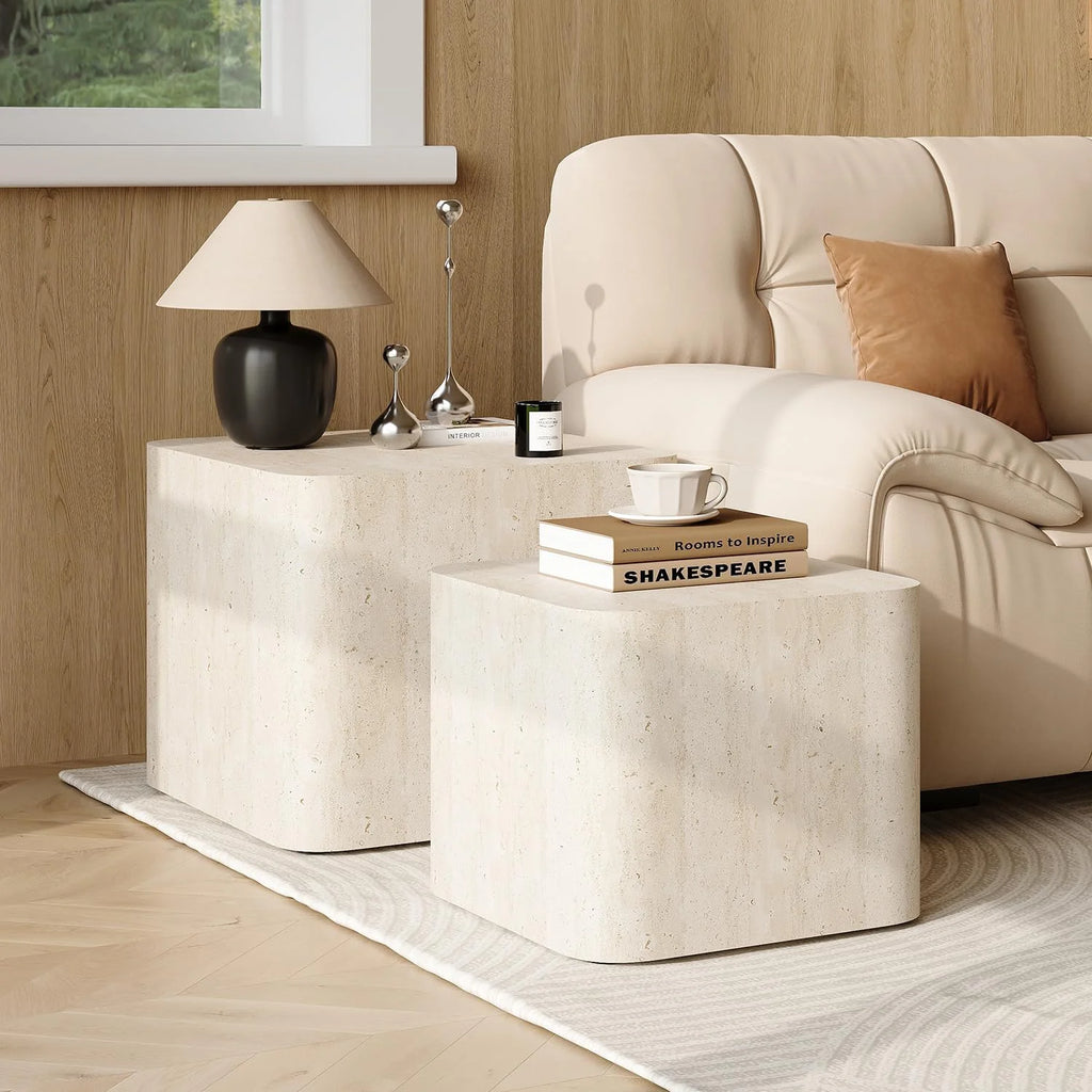 LAZZO Nesting Coffee Table Set of 2, Modern Wooden Coffee Table & End Table, Small Side Tables for Living Room, Bedroom & Apartment, Beige