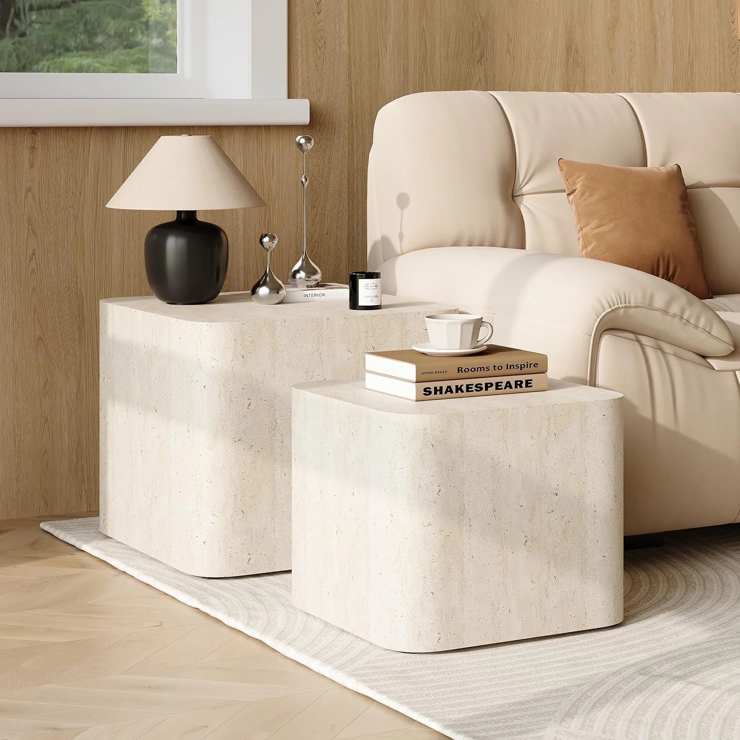 LAZZO Nesting Coffee Table Set of 2, Modern Wooden Coffee Table & End Table, Small Side Tables for Living Room, Bedroom & Apartment, Beige