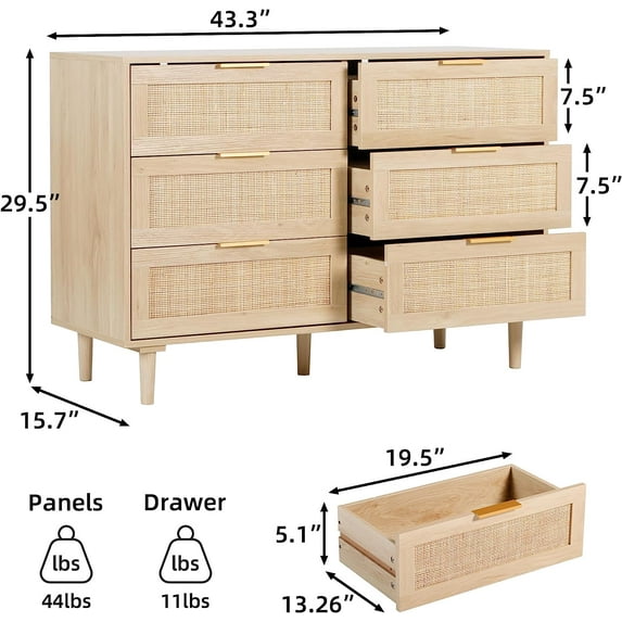 LAZZO 6-Drawer Rattan Dresser, Modern Chest of Drawers, Wooden Storage Organizer for Bedroom, Living Room & Hallway, Natural Wood Color