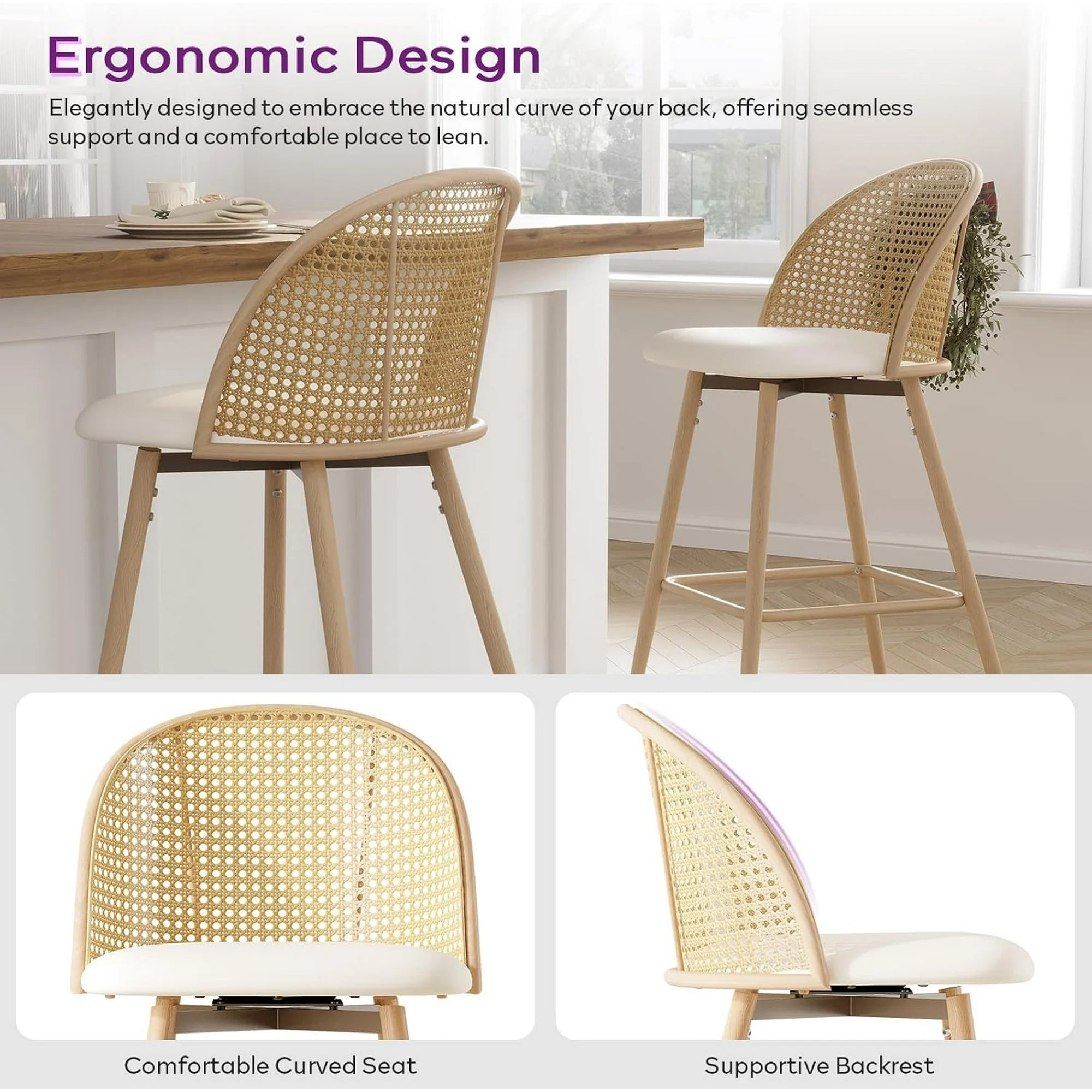 LAZZO 26" Swivel Counter Height Bar Stools with Rattan Backrest, Mid-Century Boho Faux Leather Bar Chairs for Kitchen Island, Set of 2, White