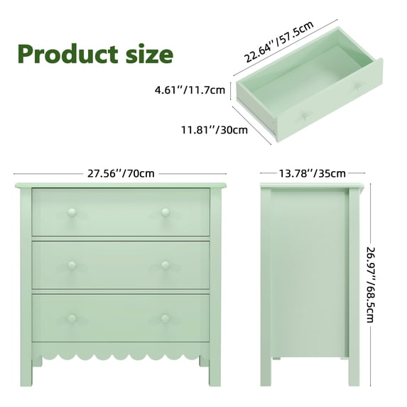 LAZZO 3-Drawer Nightstand, Modern Bedside Table with 2 Sets of Replacement Handles for Bedroom, Green