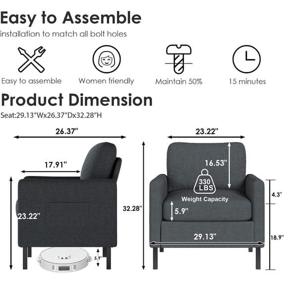 LAZZO Accent Chair, Linen Upholstered Armchair for Living Room, Bedroom and Apartment, Dark Gray