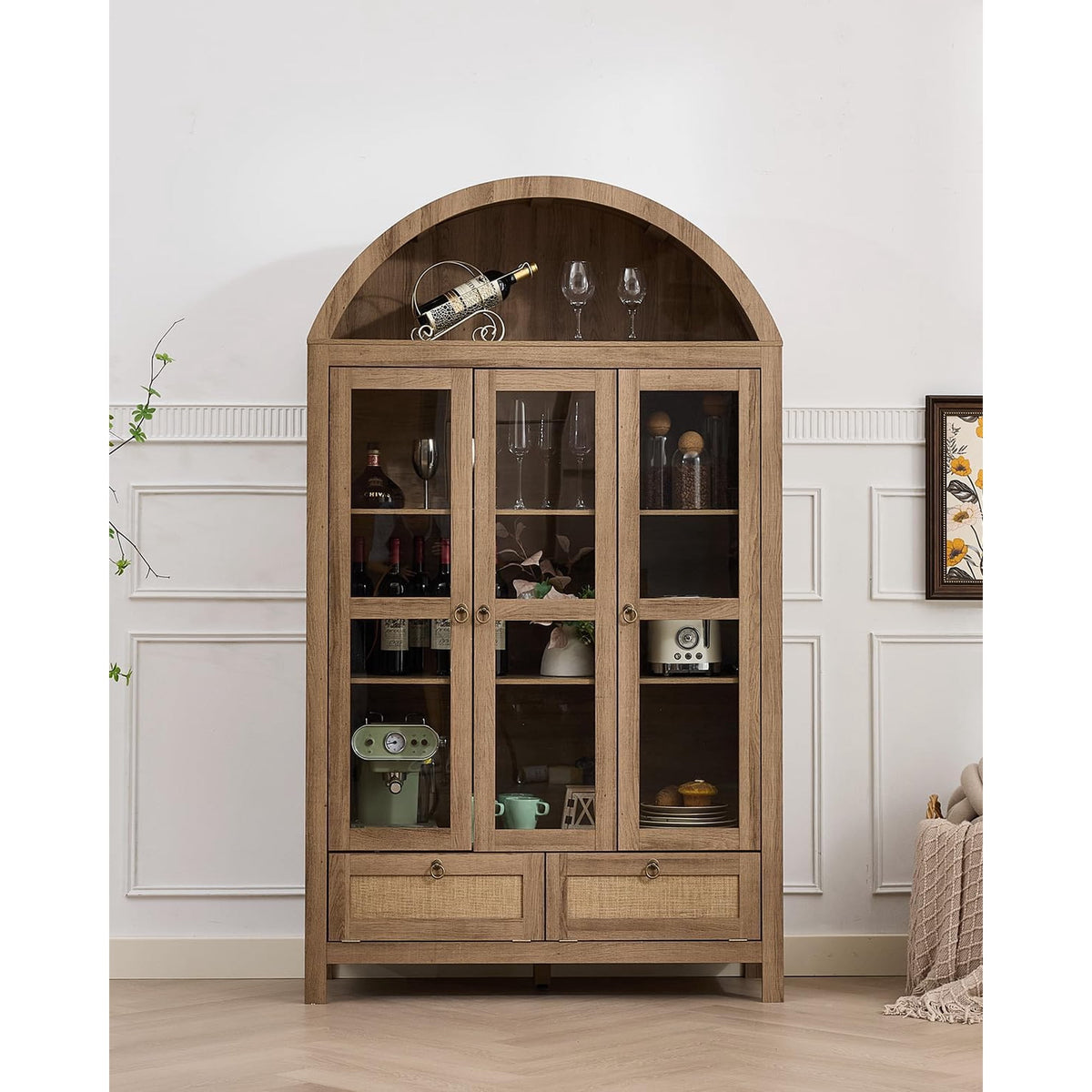 LAZZO 75" Arched Pantry Cabinet with Glass Doors, Rattan Drawers and Anti-Tipping Storage Cupboard for Kitchen and Living Room, Natural Wood