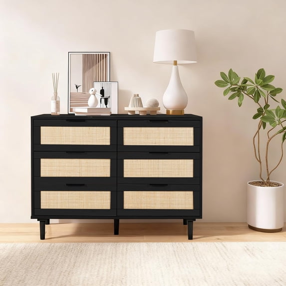 LAZZO 6-Drawer Rattan Dresser, Modern Chest of Drawers, Wooden Storage Organizer for Bedroom, Living Room & Hallway, Black