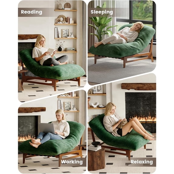 LAZZO Oversized Chaise Lounge Chair Indoor, 3-in-1 Convertible Accent Chair with Solid Wood Frame & Plush Cushion, Green