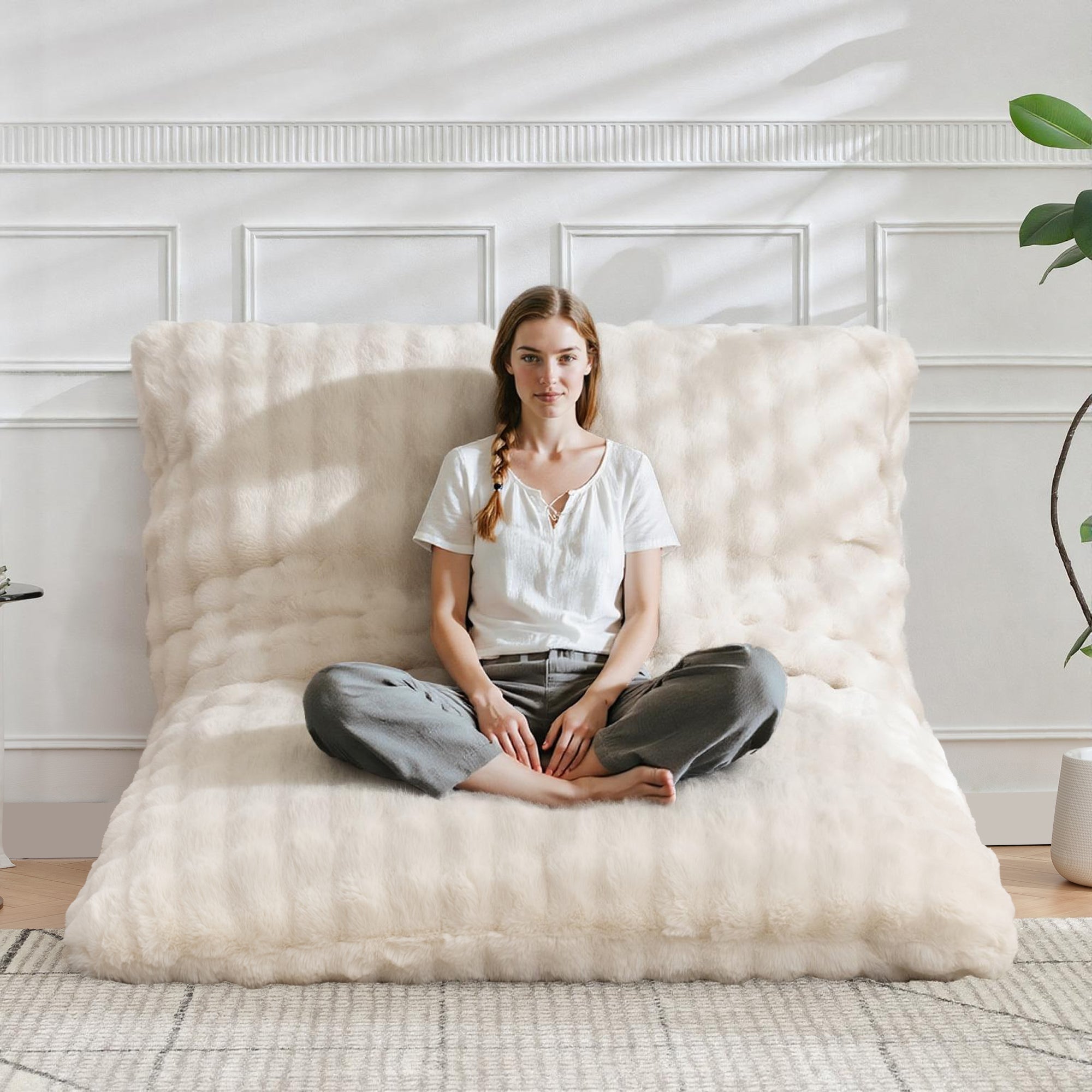 TYBOATLE 3 in 1 Giant Bean Bag Chair for Adults, Plush Fluffy Bean Bag Couch w/High-Density Memory Foam Filling, Convertible Floor Sofa to Mattress for Dorm, Apartment, Bedroom (Beige)