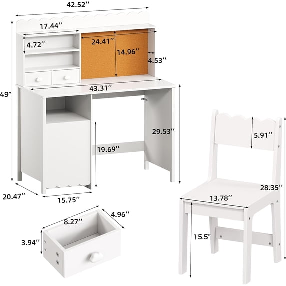 LAZZO 43" Wooden Writing Desk and Chair Set, Study Desk with Hutch and Cork Board for Homework, Reading and Drawing, White
