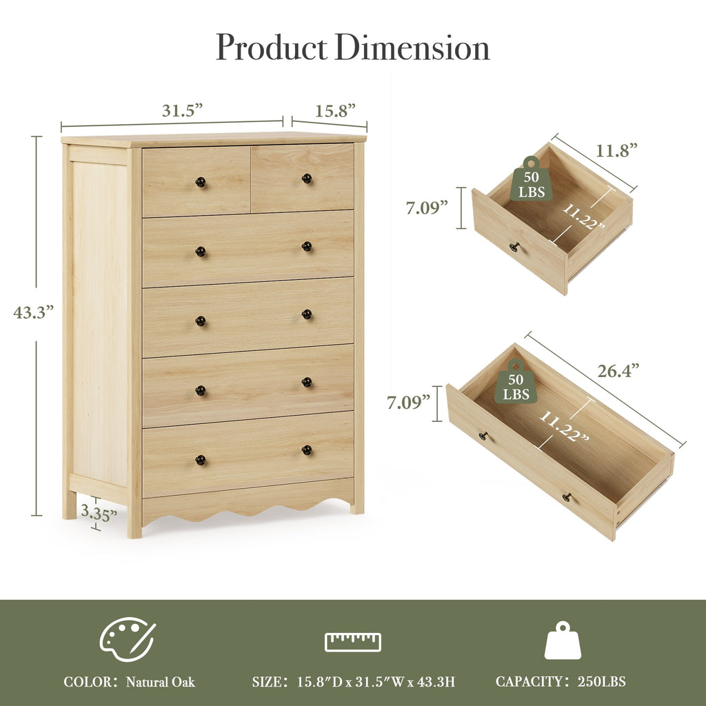 LAZZO 6-Drawer Dresser, 43.3" Tall Wood Chest of Drawers with Metal Handles for Bedroom and Living Room, Natural Wood