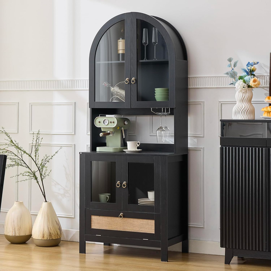 TYBOATLE 75’’ Tall Arched Pantry Cabinet w/Accessible Storage Area, China Cabinet w/Anti-Tipping Device and Innovative Drawer, Versatile Cupboard for Kitchen, Dining (Black)