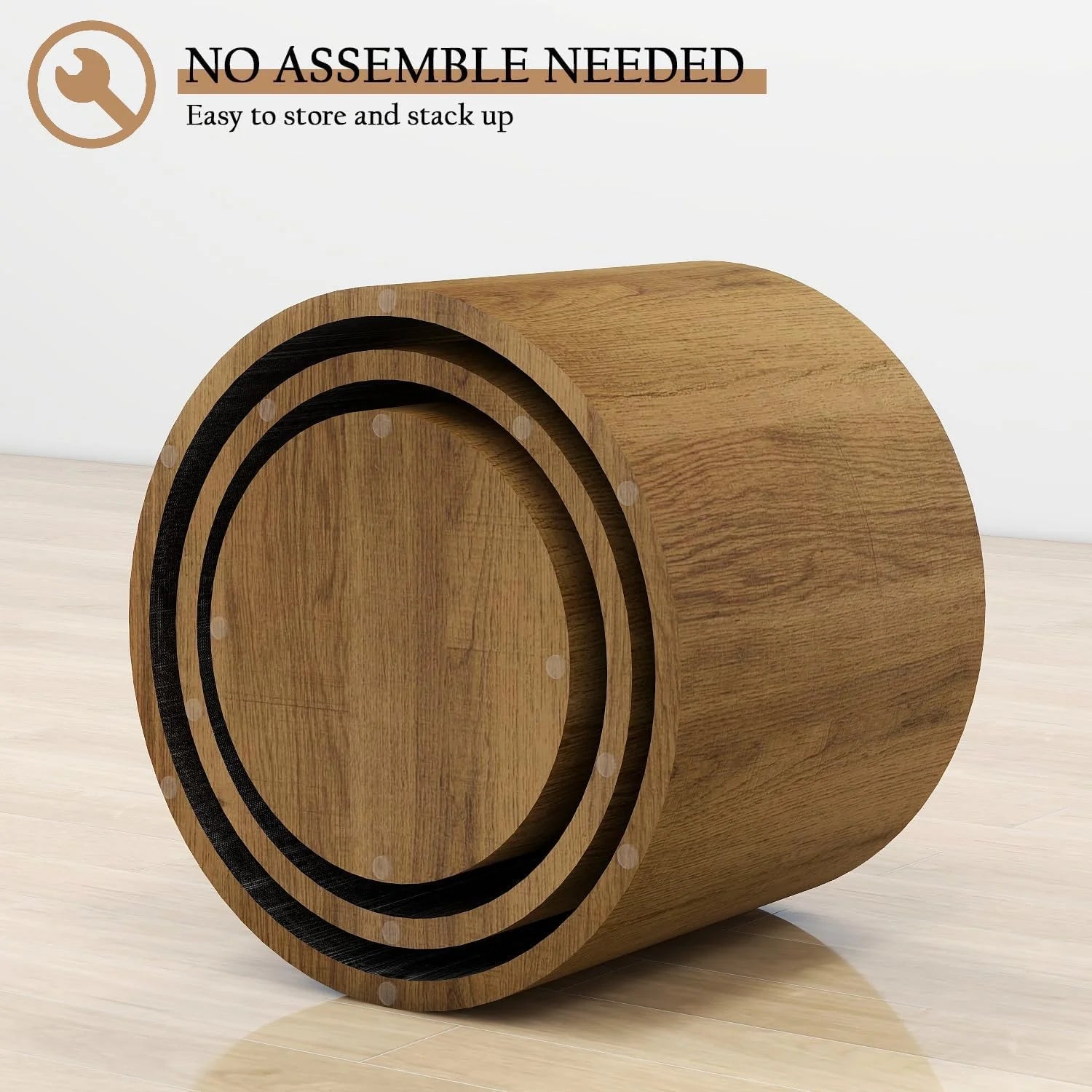 LAZZO Nesting Round Coffee Table Set of 3, Modern Wooden Accent Side Table, Space-Saving Table for Living Room Bedroom, Brown