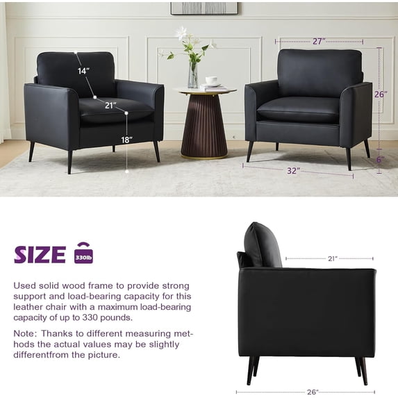 LAZZO Faux Leather Accent Chair, Comfy Armchair for Reading Living Room Bedroom and Office, Black