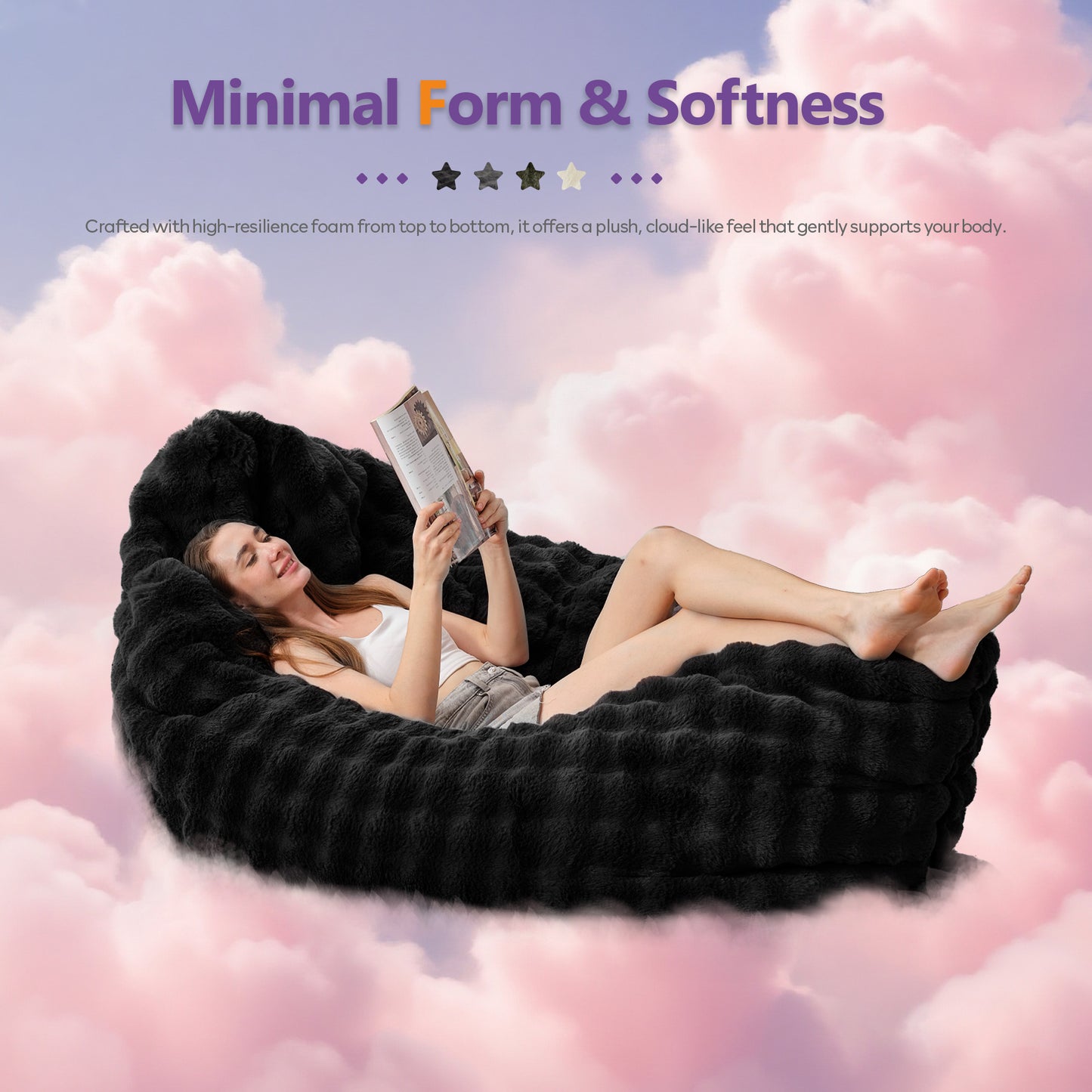 TYBOATLE 3 in 1 Giant Bean Bag Chair for Adults, Plush Fluffy Bean Bag Couch w/High-Density Memory Foam Filling, Convertible Floor Sofa to Mattress for Dorm, Apartment, Bedroom (Black)