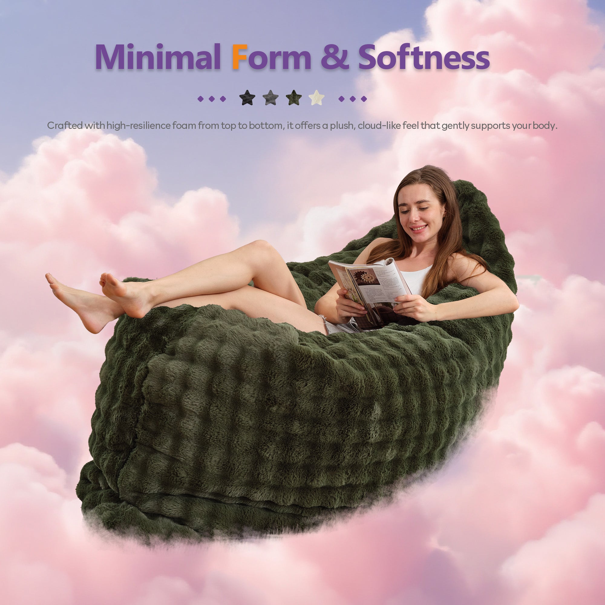 TYBOATLE 3 in 1 Giant Bean Bag Chair for Adults, Plush Fluffy Bean Bag Couch w/High-Density Memory Foam Filling, Convertible Floor Sofa to Mattress for Dorm, Apartment, Bedroom (Green)