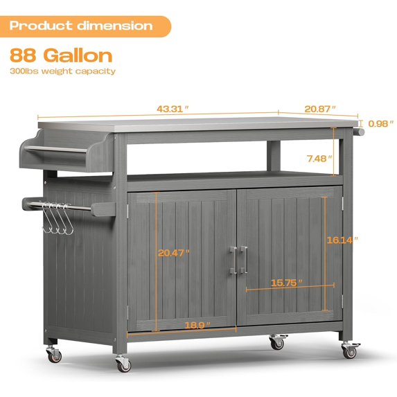 LAZZO Outdoor Grill Cart with Storage Cabinet, 43.3" Kitchen Island Station with Stainless Steel Top, Gray