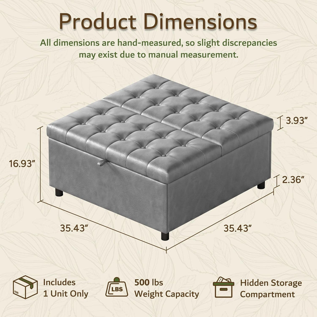 LAZZO Storage Ottoman, 35.5" Lift Top Tufted Leather Foot Stool with Hidden Storage for Living Room, Gray