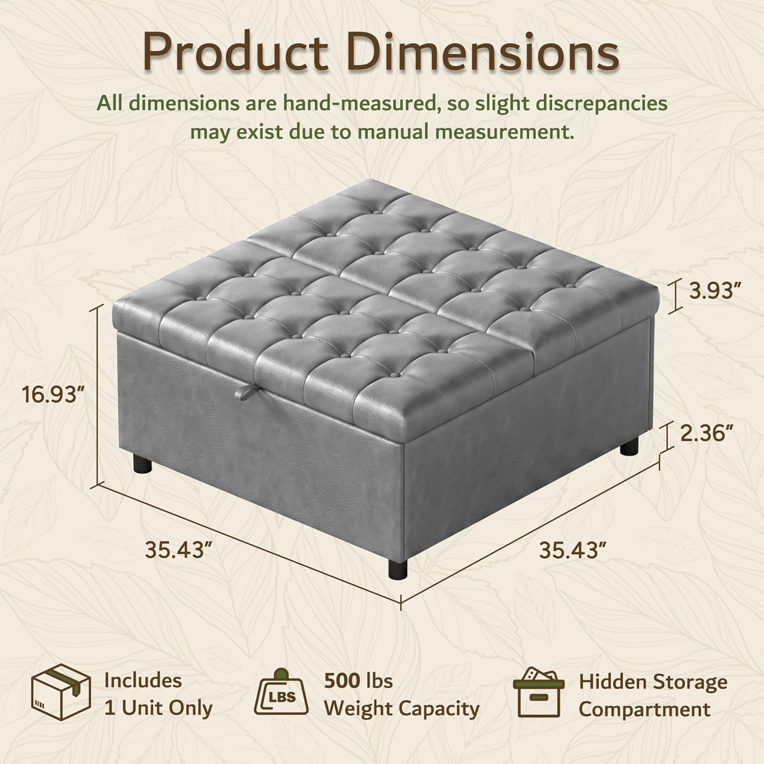 LAZZO Storage Ottoman, 35.5" Lift Top Tufted Leather Foot Stool with Hidden Storage for Living Room, Gray