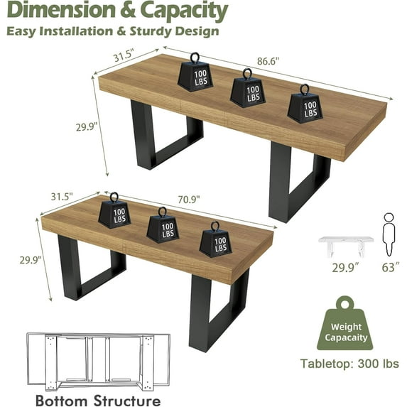 LAZZO Farmhouse Rustic Extendable Dining Table, 70.9"-86.6" Rectangular Wooden Kitchen Table for 6-10, Brown