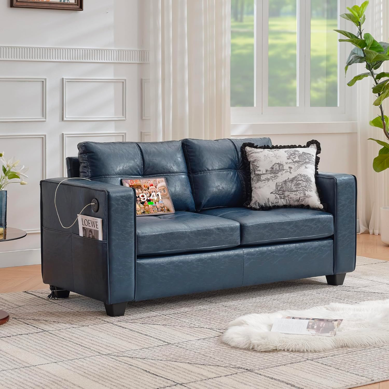 TYBOATLE 65" Blue Faux Leather Loveseat for Bedroom, Mid-Century Modern Tufted Comfy Loveseat w/USB Charging Ports and Wide Arms, 2 Seat Office Small Couch for Small Space