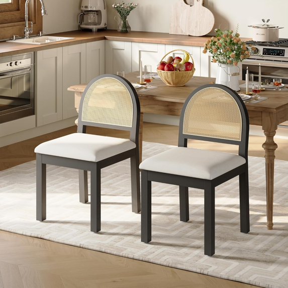LAZZO Dining Chairs Set of 2, Farmhouse Upholstered Rattan Chairs with Chenille Seat for Kitchen Dining Room, Black