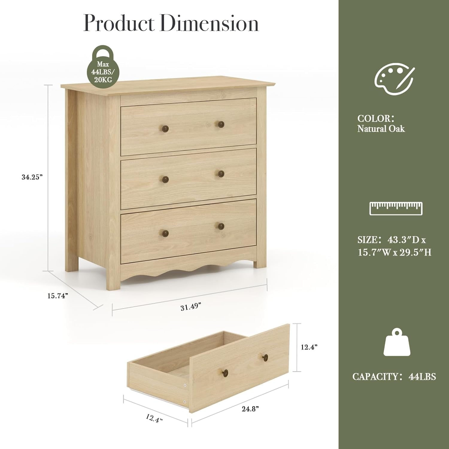 LAZZO 3-Drawer Dresser, 34" Tall Wood Chest of Drawers with Metal Handles for Bedroom and Living Room, Natural Wood