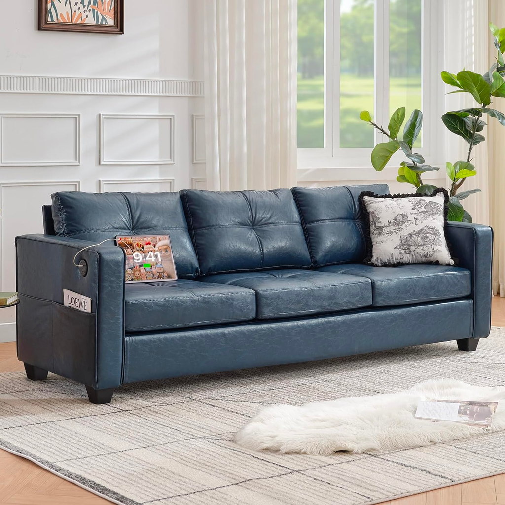 TYBOATLE 88" W Faux Leather Couch w/Side Pockets, Mid-Century Modern Tufted Comfy Leather Couches w/USB and Wider Arms, 3 Seater Sofa for Office, Apartment, Bedroom, Blue (Blue, 3 Seater)