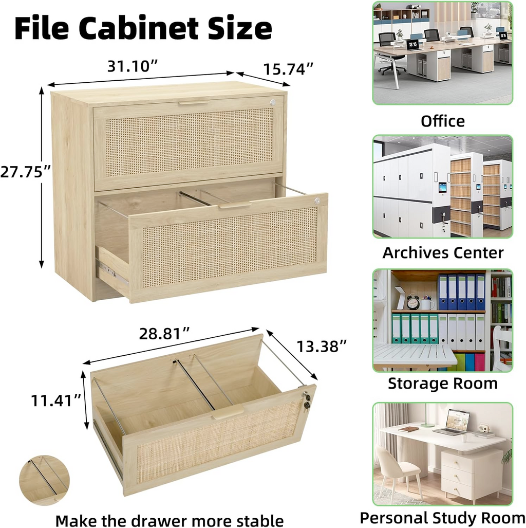 HOPUBUY 2 Drawer File Cabinet with Lock, Printer Stand Lateral Filing Cabinets for Home Office and School, Wood Rattan File Cabinet for Hanging Files/Letter/Legal/A4/F4 Size, Oak