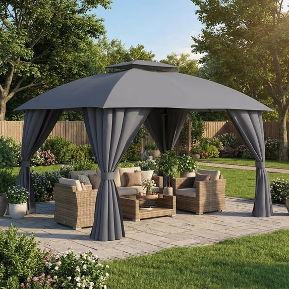 LAZZO 10'x12' Outdoor Gazebo with Built-in LED Light, Double Roof Metal Frame Patio Canopy with Mosquito Netting & Privacy Screens, Gray
