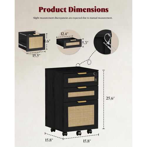AZZO 3-Drawer File Cabinet with Lock, Rolling Rattan Cabinet with Wheels for Home Office, Black