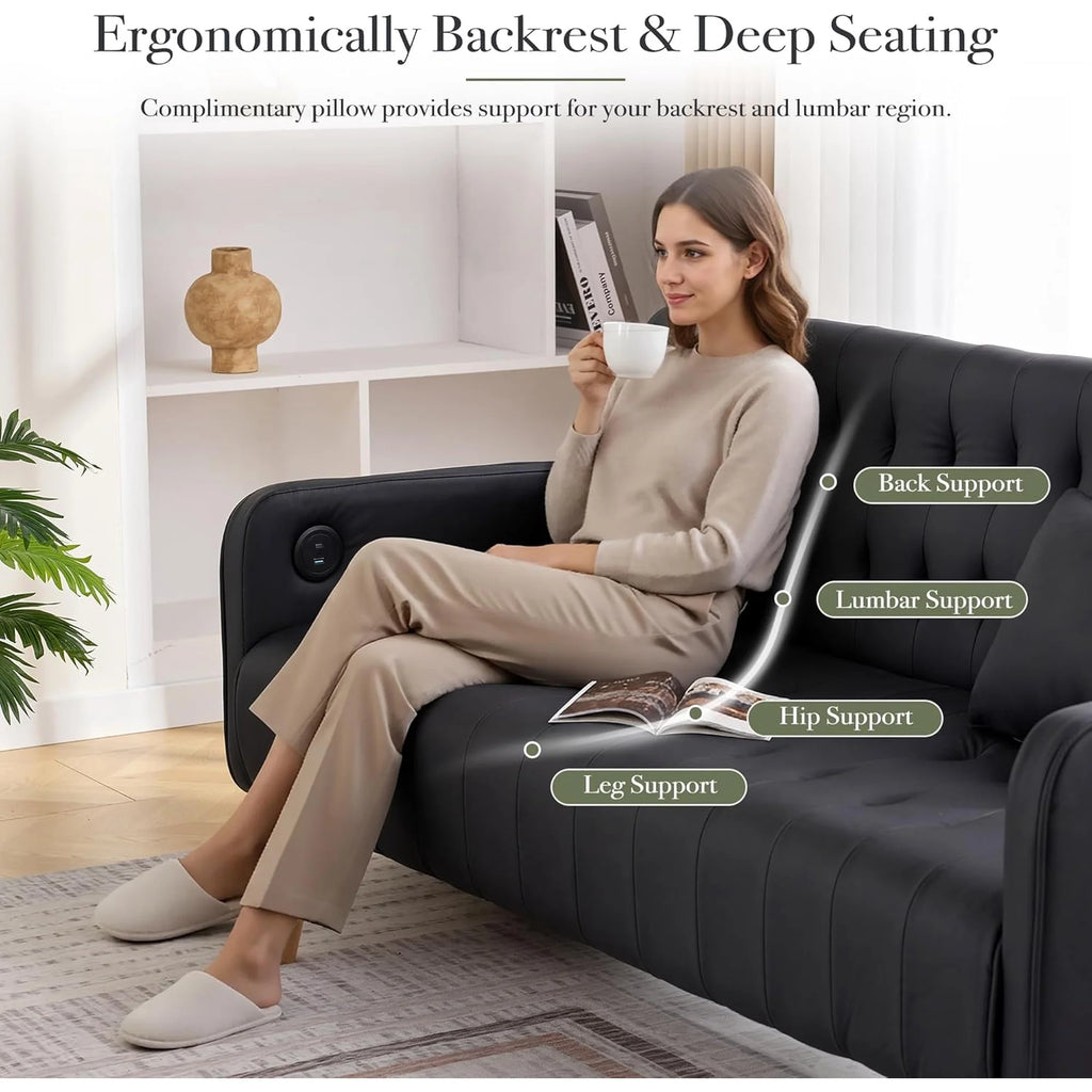 LAZZO 57" Mid-Century Modern Loveseat Sofa, Faux Leather Tufted Small Couch with USB Charging Ports & Pockets, Black