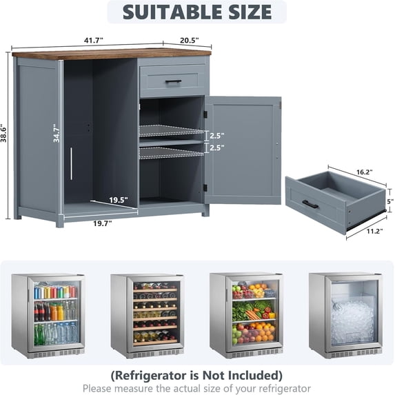 LAZZO Bar Cabinet with Mini Fridge Space, 41.7" Storage Cabinet with Power Outlet, Drawer and Adjustable Shelves for Kitchen and Dining Room