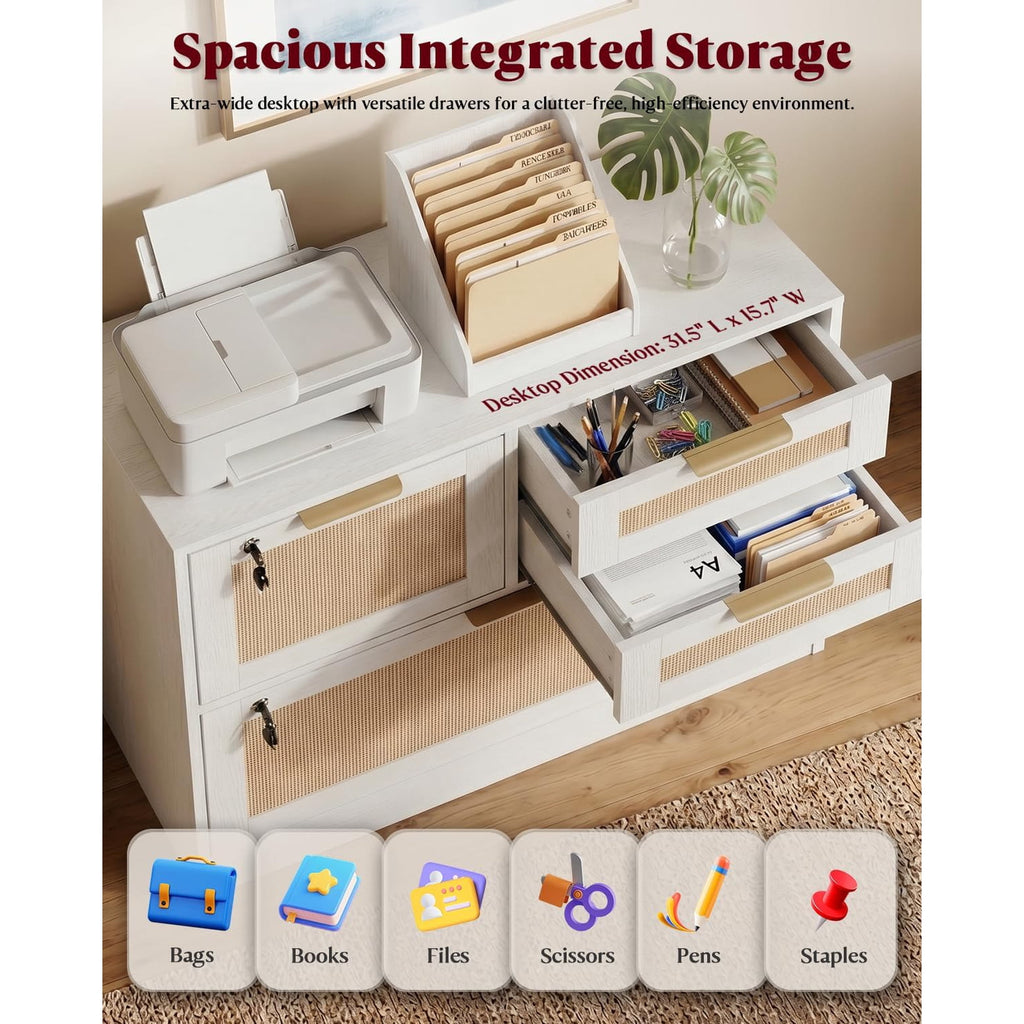 LAZZO File Cabinet with Lock, 4-Drawer Rattan-Front Wood Filing Cabinet for Letter, Legal, A4 and F4 Files, White