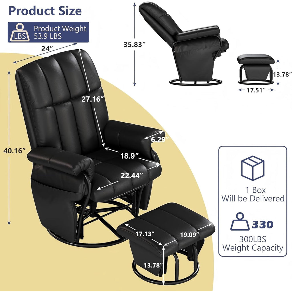 LAZZO Swivel Rocking Recliner Chair, Nursery Glider Chair with Ottoman and Side Pockets for Living Room and Bedroom, Black