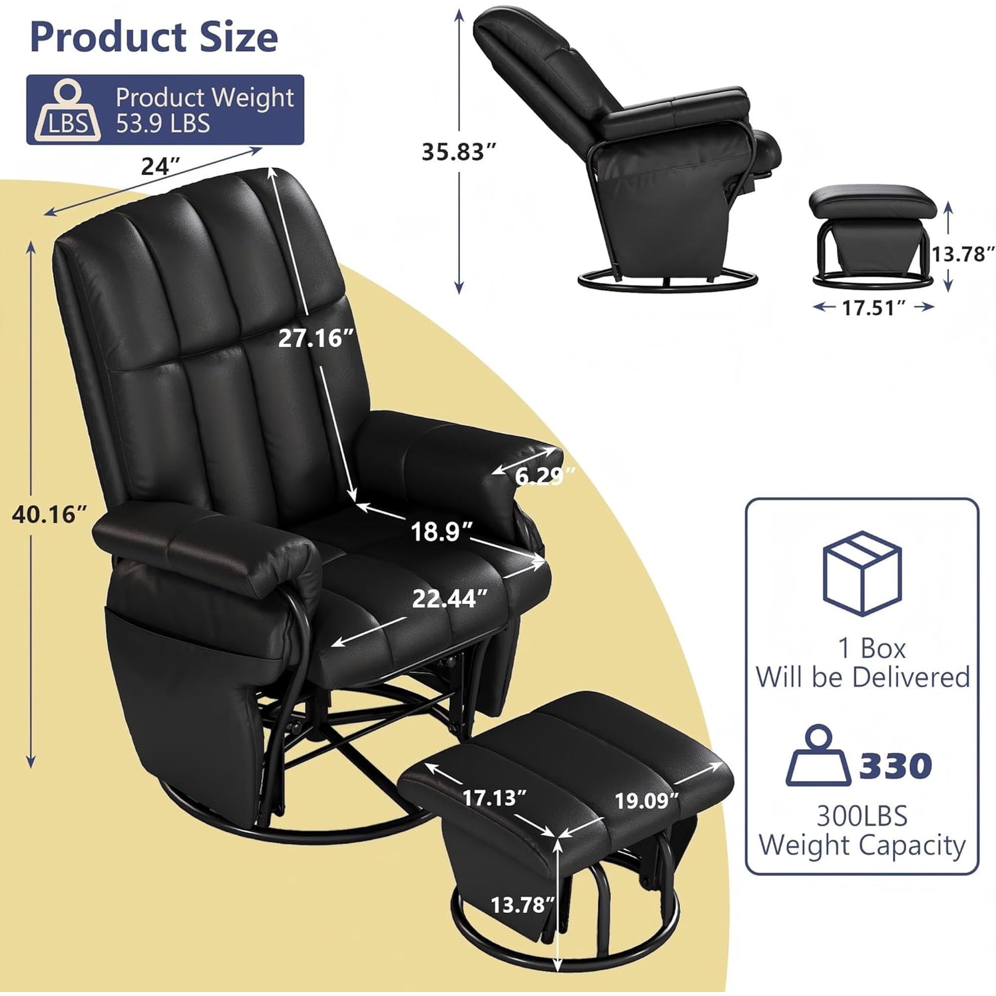 LAZZO Swivel Rocking Recliner Chair, Nursery Glider Chair with Ottoman and Side Pockets for Living Room and Bedroom, Black