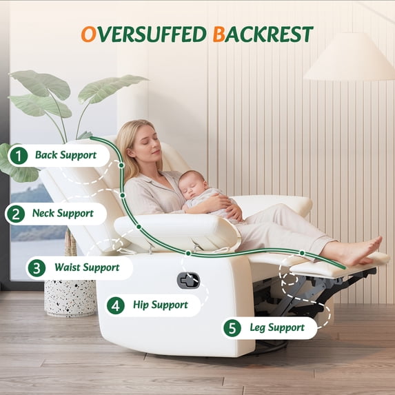 LAZZO Recliner Chair with Adjustable Armrest and Headrest, Upholstered Swivel Rocking Chair for Nursery & Living Room, Beige