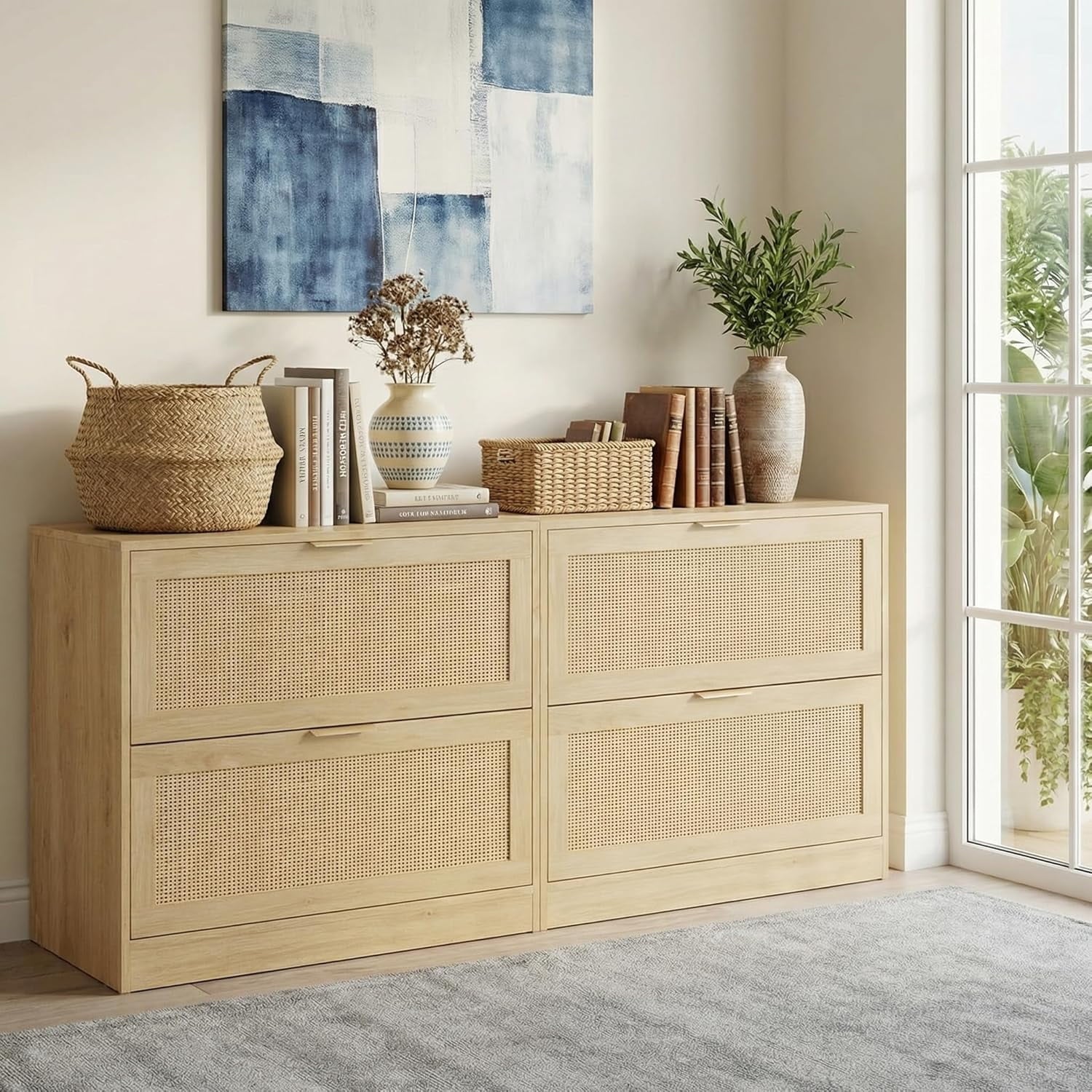 LAZZO 2-Drawer Lateral File Cabinet with Lock, Rattan-Front Wood Cabinet for Letter, Legal, A4 and F4 Files, Natural Wood Finish