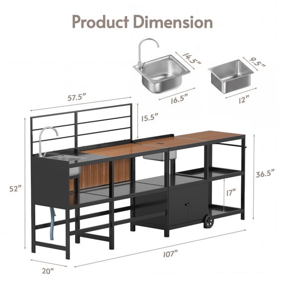 LAZZO Outdoor Kitchen Serving Station with Sink, Modular Aluminum Patio Kitchen Set with Grill Cart, Ice Box and Large Countertop, Black