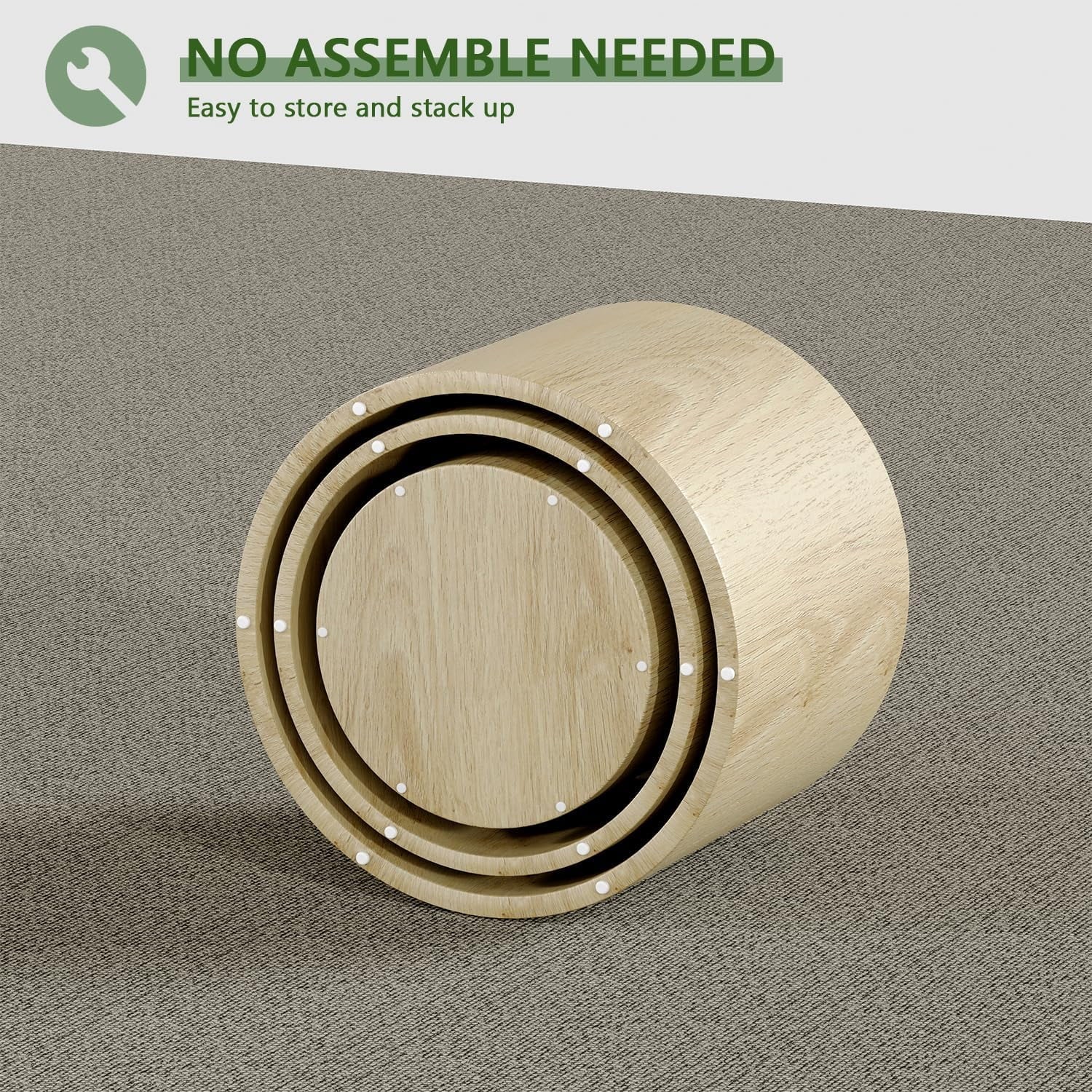 LAZZO Nesting Round Coffee Table Set of 3, Modern Wooden Accent Side Table, Space-Saving Table for Living Room Bedroom, Natural Wood Color