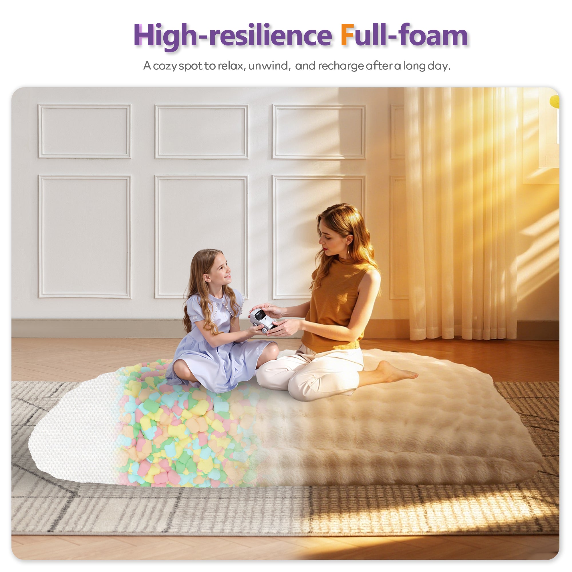 TYBOATLE 3 in 1 Giant Bean Bag Chair for Adults, Plush Fluffy Bean Bag Couch w/High-Density Memory Foam Filling, Convertible Floor Sofa to Mattress for Dorm, Apartment, Bedroom (Beige)