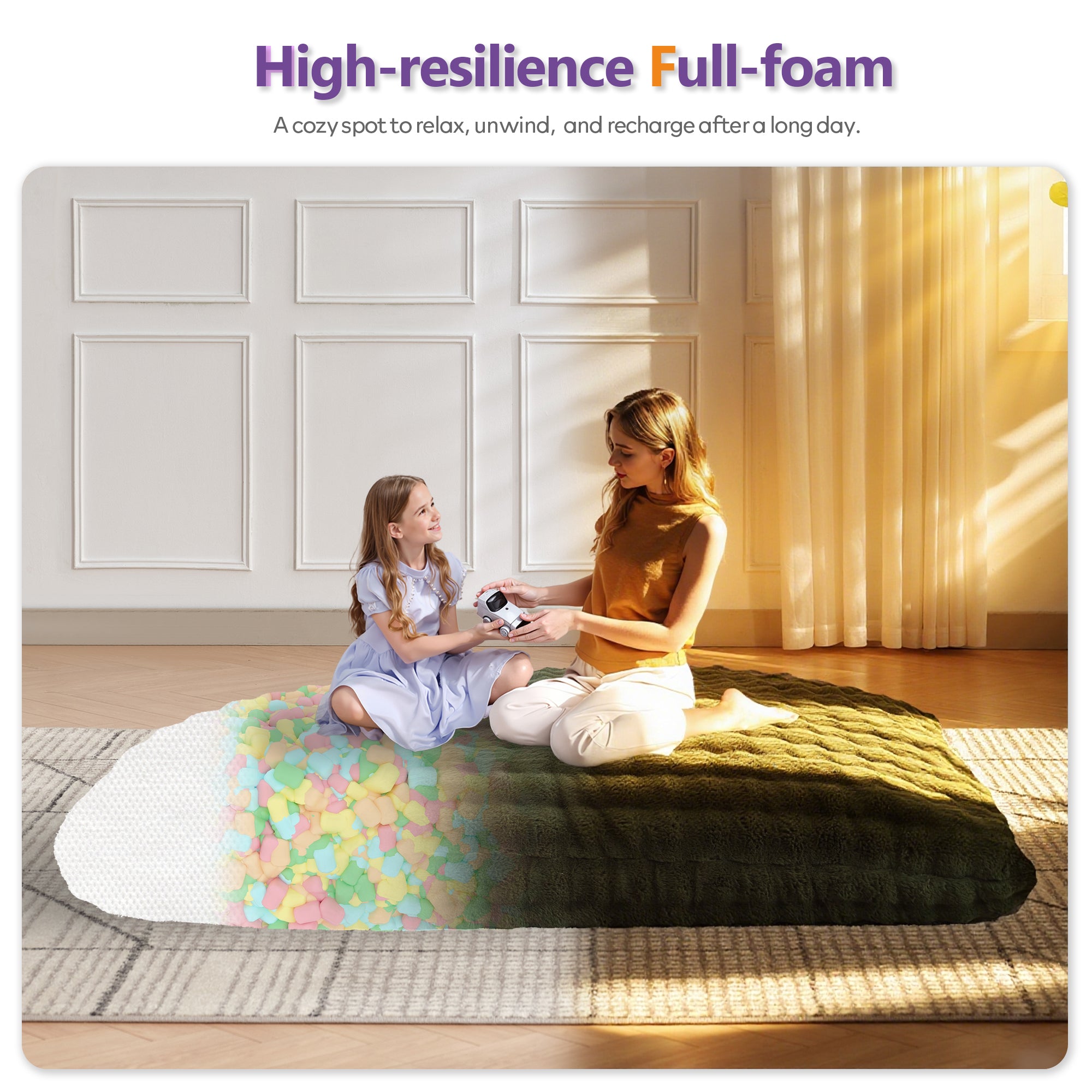 TYBOATLE 3 in 1 Giant Bean Bag Chair for Adults, Plush Fluffy Bean Bag Couch w/High-Density Memory Foam Filling, Convertible Floor Sofa to Mattress for Dorm, Apartment, Bedroom (Green)