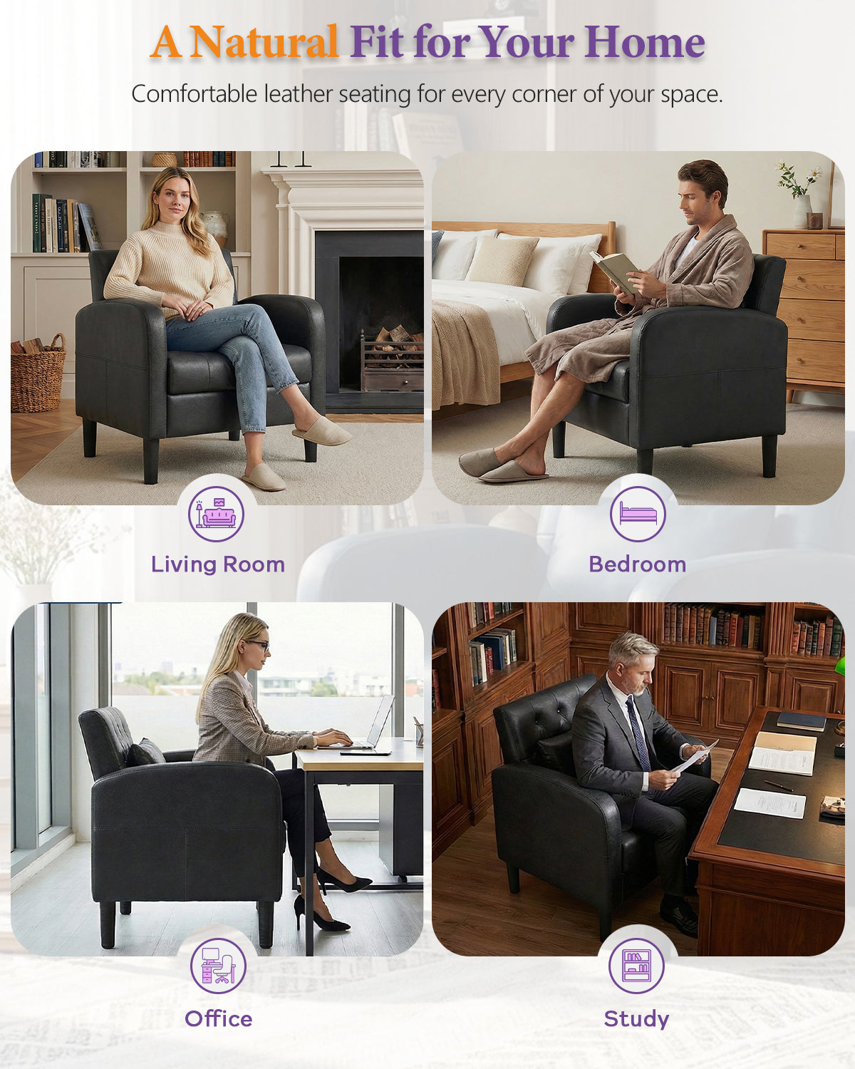TYBOATLE Leather Chairs w/Storage, Comfy Modern Living Room Chairs, Accent Chair for Reading, Armchair for Bedroom, Waiting Room, Office (1, Black)
